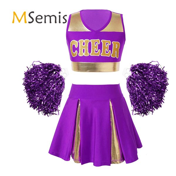 Kids Girls Cheerleading Dance Costume Sleeveless V Neckline Letters Printed Crop Top with Pleated Skirt and 2Pcs Flower Balls 250117