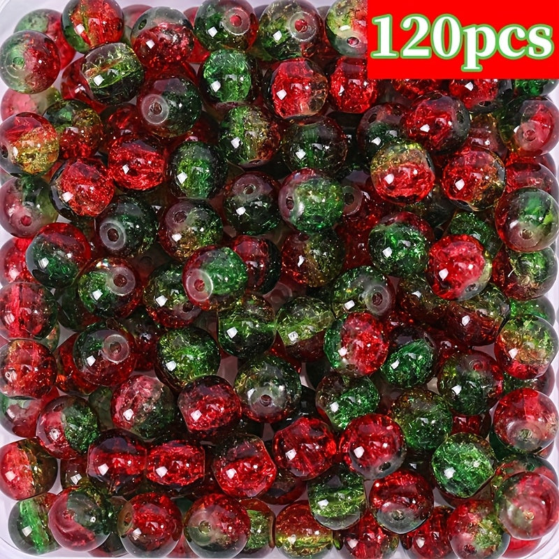 TEMU 120pcs Christmas Beads - Red & Green Gradient Crackle Beads, Glossy Finish Making, Necklace, Bracelet, Charm - Acrylic Craft Beads For Holiday
