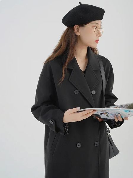 Long Woolen Coat Women Autumn Winter Elegant Slim Fit Overcoat for Petite Ladies 2024 Stylish Belted Warm and Cozy Outerwear 241228