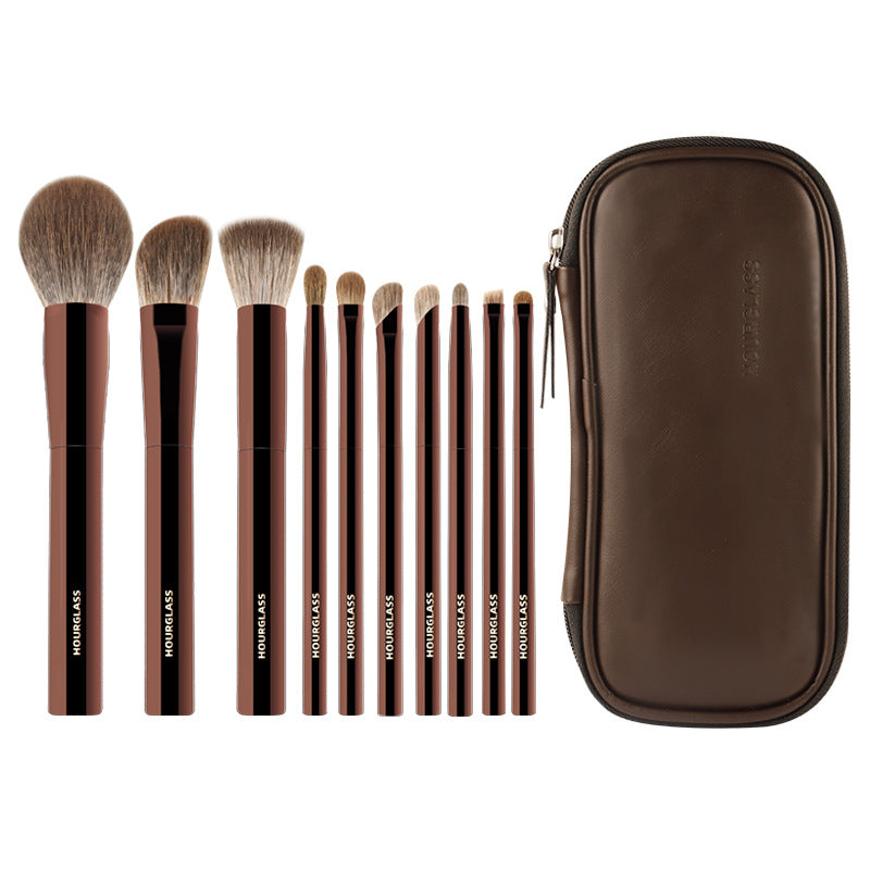 Hourglass Makeup Brushes Set 10Pcs Cosmetic Brush for Face Professional Brushes Set Dark-Bronze Metal Handle Beauty Tools
