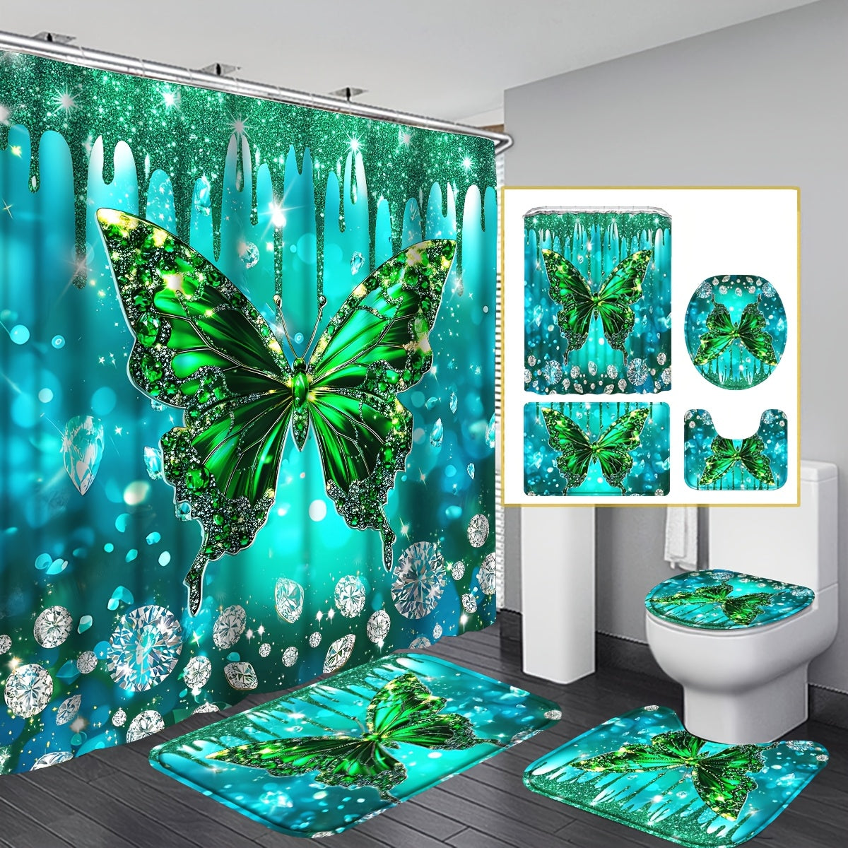 TEMU 4pcs Green Glitter Diamond Shower Curtain Set, Shower Curtain Sets With Rugs, Emerald Texture Shower Curtain Set, With 12 Hooks, Bath Mat,