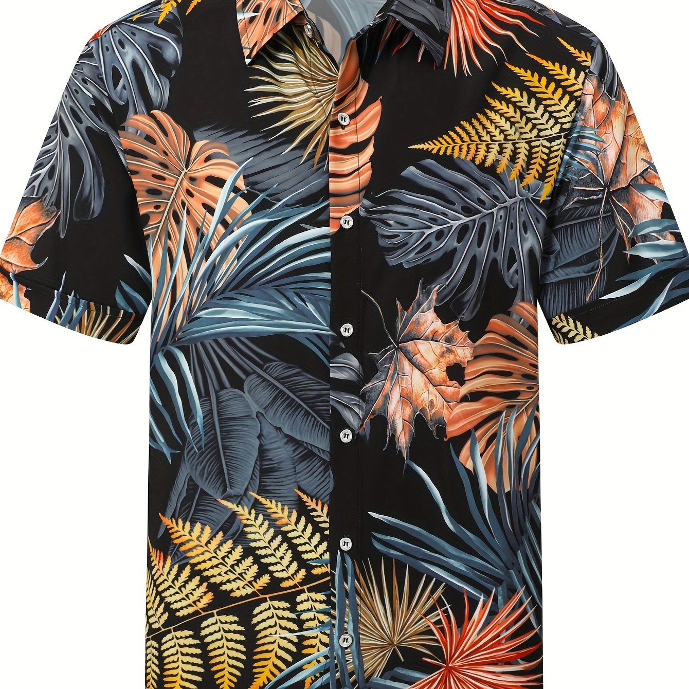 TEMU Men's & Women's Hawaiian Shirt - Tropical Dried Yellow Leaves Print Short Five-quarter Sleeve Button-up, Vibrant Orange-blue-- Dark Background,