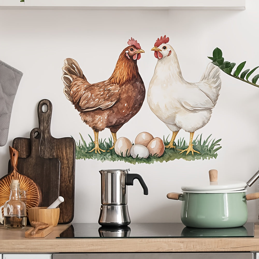 TEMU Rooster Wall Decal With Hens And Eggs - Classic Plastic Sticker For Kitchen, Living Room, Or Bedroom Decor - Green Grass Background, Realistic