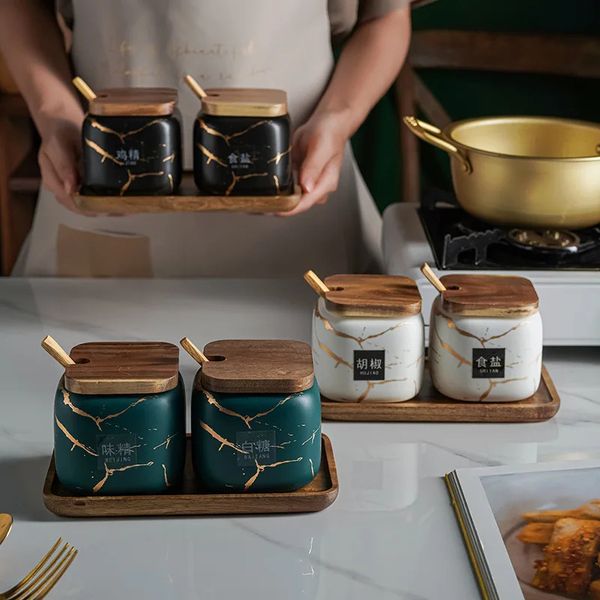 Japanese Kitchen frosted seasoning pot set two pack marble ceramic household combined seasoning box salt sugar seasoning bottle 240118