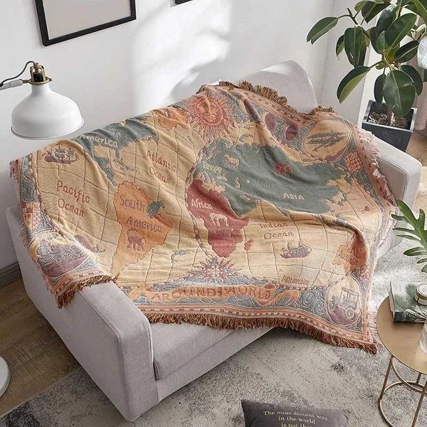 World map Cotton Bohemian plaid home blanket Knitted dustproof sofa cover blanket Non slip decorative blanket for coffee table blanket X2409