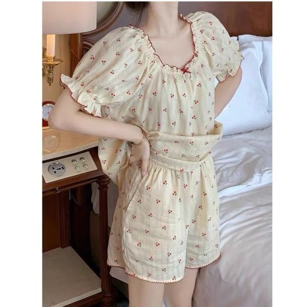Women&#039;s Sleepwear 100% Cotton Sleepwear Korean Pajamas for Women Summer Pijama Cherry Print Pyjamas Female Set Woman 2 Piece Cute Loung