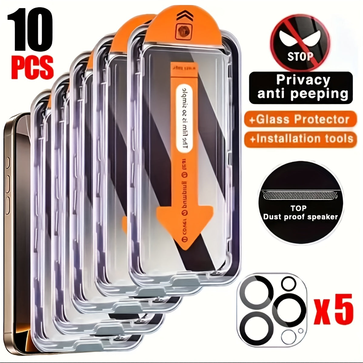 TEMU [5+5] 5pcs Of 9h Hardness Glass Privacy Screen Protector + 5pcs Of Full Coverage Lens Protector, Suitable For Iphone 16 Pro Max-17series,