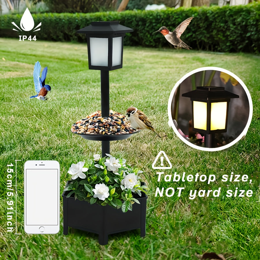 TEMU Solar-powered Double-deck Bird Feeder With Led Light, Geometric Outdoor Tabletop Decor, Flower Planter, , For Home & Garden, Christmas Decor,