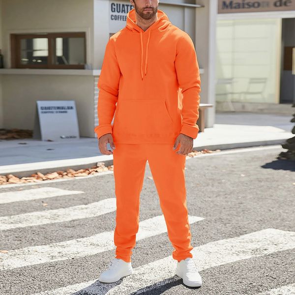 Mens Orange Tracksuit Set Solid Color Hoodies And Sweatpants 2 Piece Set Autumn Winter Sportswear Mens Jogging Gym Clothing 250206