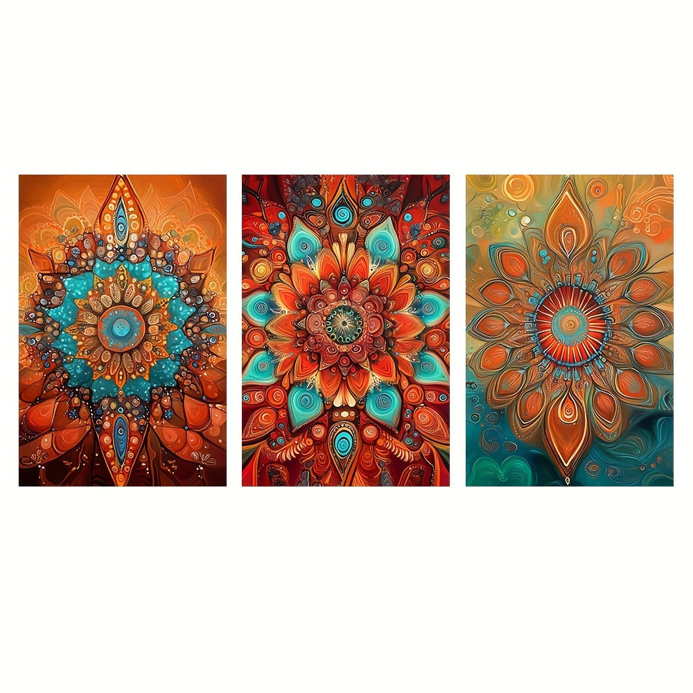 TEMU 3pcs Bohemian Abstract Floral Canvas Art Set, Geometric Mandala Wall Decor, Spray- Posters For Living Room, Bedroom, Home Office - Classic ,