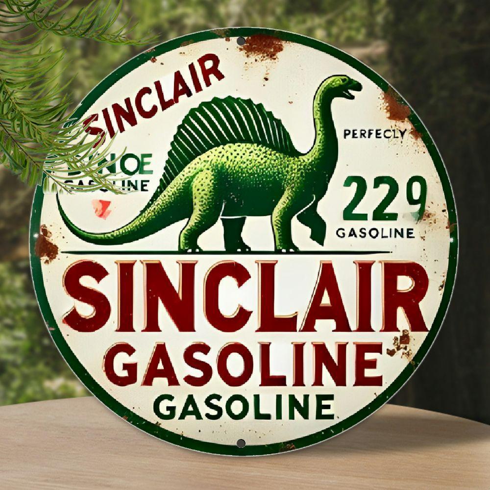 TEMU Vintage Dinosaur Gas Station Round Metal Sign - Rustic Aluminum Wall Decor For Garage, For Man Cave, Or Home, No Electricity Needed, Car