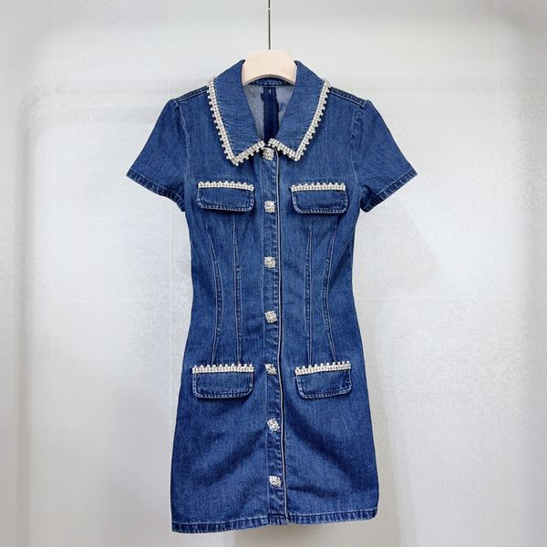 2024 Spring-Summer New Self Portrait Blue Washed Denim Flip Collar Set with rhinestones Exquisite Goddess Dress