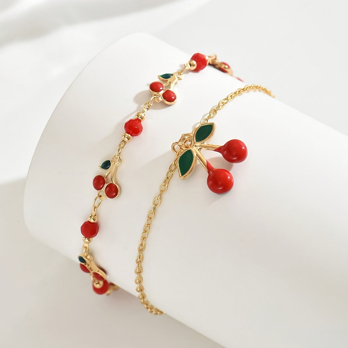 TEMU 2pcs Bohemian Cherry Anklet Set - Sweet & Stylish Golden-tone Foot Jewelry With Pendants, Daily Wear, Dates, And Parties, Beach Jewelry|bohemian