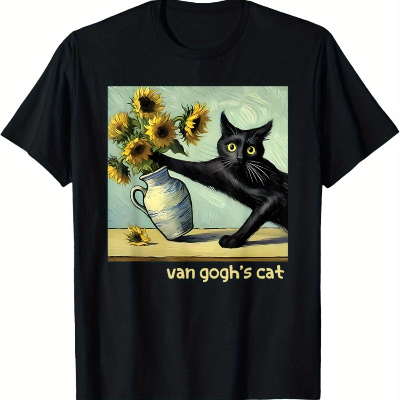 TEMU Van Black Cat With Sunflowers Funny Cat Painting Art T-shirtregular-fit, Comfortable & Fashionable