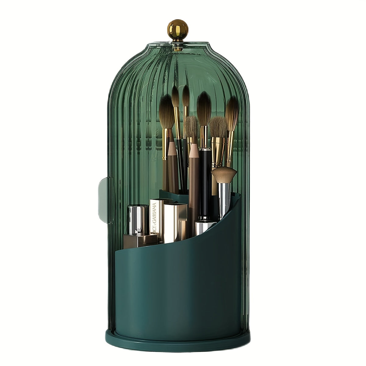 TEMU Elegant 360° Rotating Makeup Brush Holder With Lid - Transparent, Dustproof Storage Box In Sleek Black & Golden - Ideal For Vanity, Bathroom
