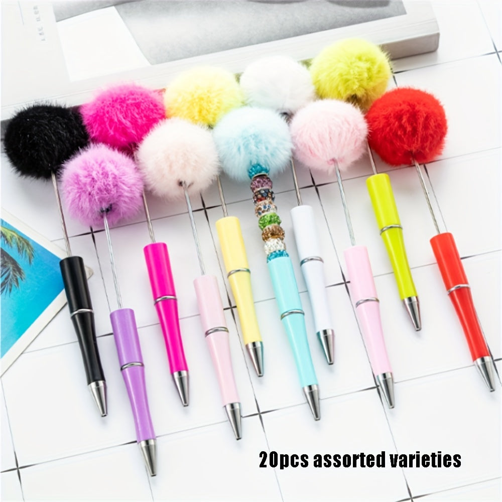 TEMU 20pcs Fluffy Beadable Pen Assorted Fuzzy Plastic Bead Ballpoint Pen Multicolor Retractable Beaded Writing Pens For Diy Craft Back-to-school