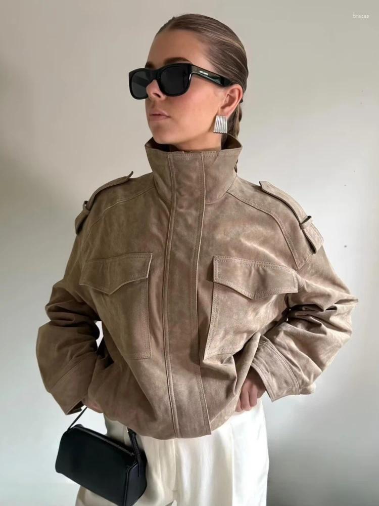 Women&#039;s Jackets Winter Khaki Suede Leather Jacket Fashion Stand Collar Zippers Pockets Women Coat 2025 Autumn Female Vintage Outwear