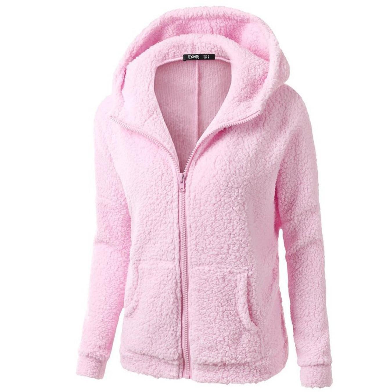 TEMU Women's Oversized 3x Hooded Zipper Cardigan Sweater Coat - Soft Pink Winter Warm Coat With Plush Collar & Contrast Lining, Maternity-friendly