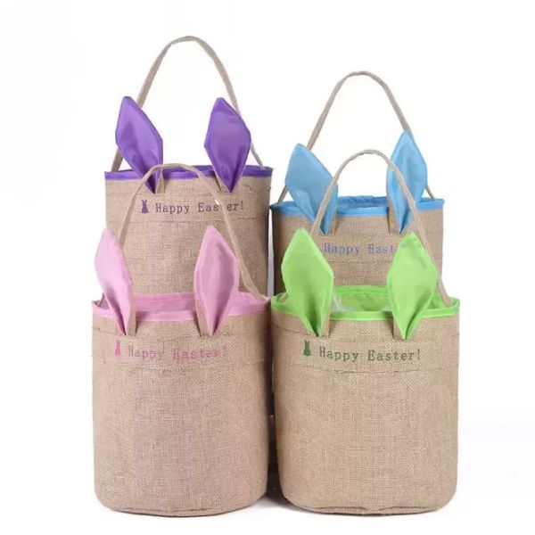 Happy Basket Burlap with Bunny Baskets Jute Bucket Tote Bag Cute Easter Eggs Gift DIY Handbag Rabbit Ears Put Storage Bags S