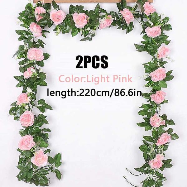 2Pcs Artificial White Flower Fake Rose Hanging 2.2M Vines Plants Leaves Artificials Garland Flowers Wedding Party Decoration Y240801