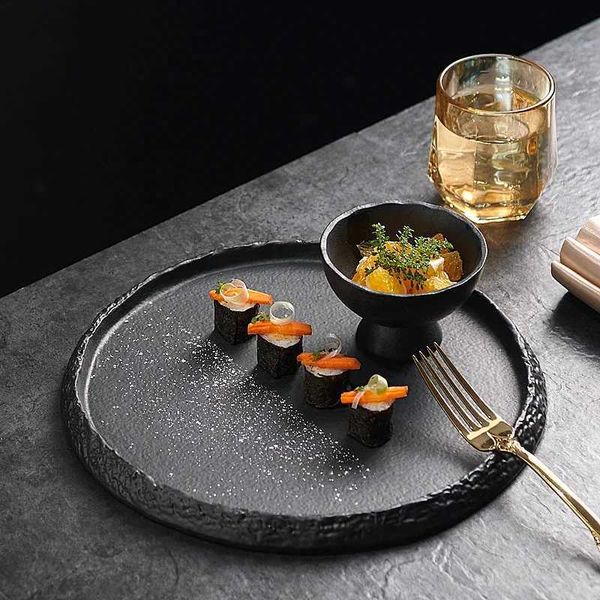 Dishes Plates Premium Rock Artistic Concept Western Beef Plate Round Ceramic Dinner Plate Black Salad Dessert Bowl Baking Plate New H250110
