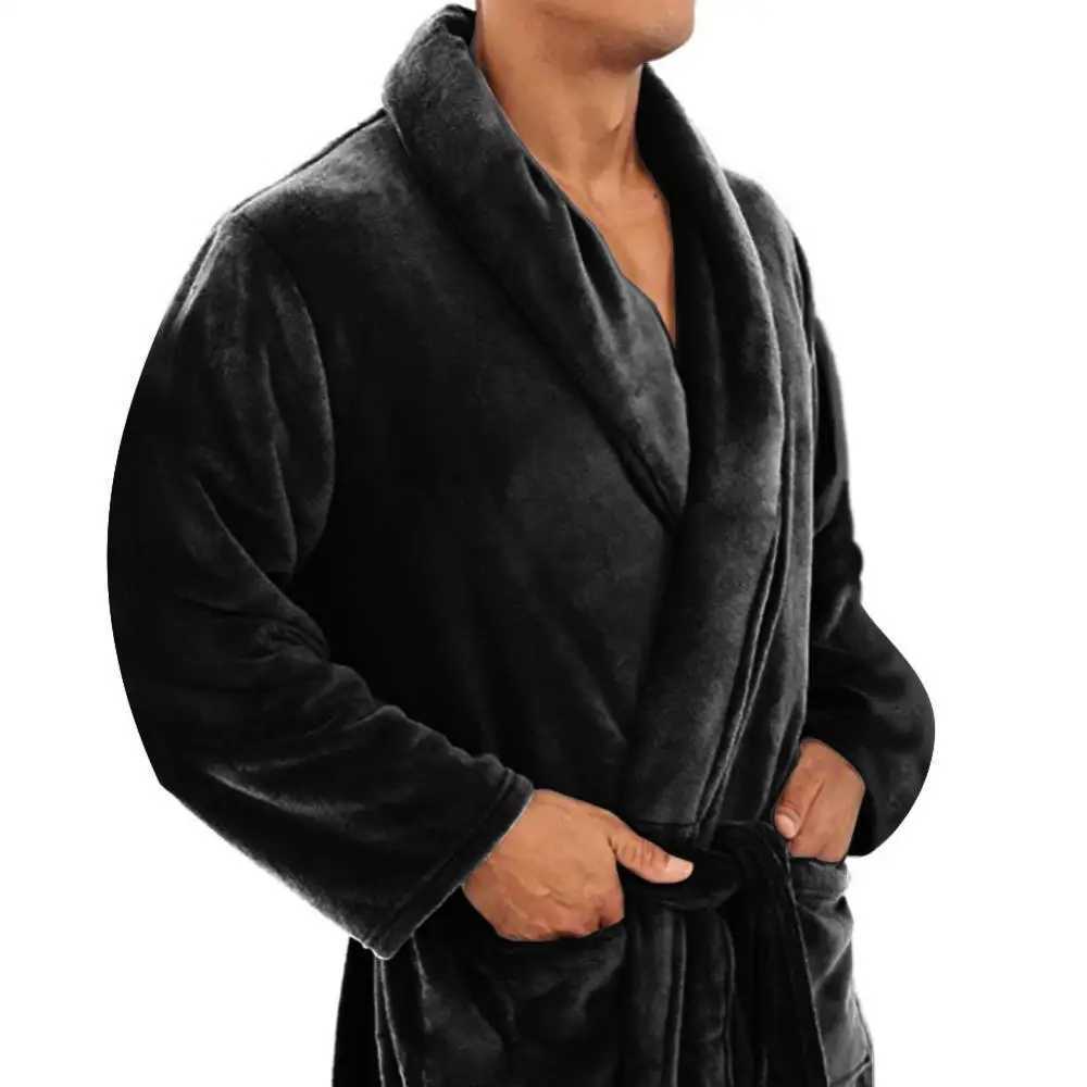 Men pajamas bathrobe Shawl Collar Fleece Solid Long Bath Robe Home Gown Sleepwear Warm Clothes Autumn Winter Robes with Pocket Y240919