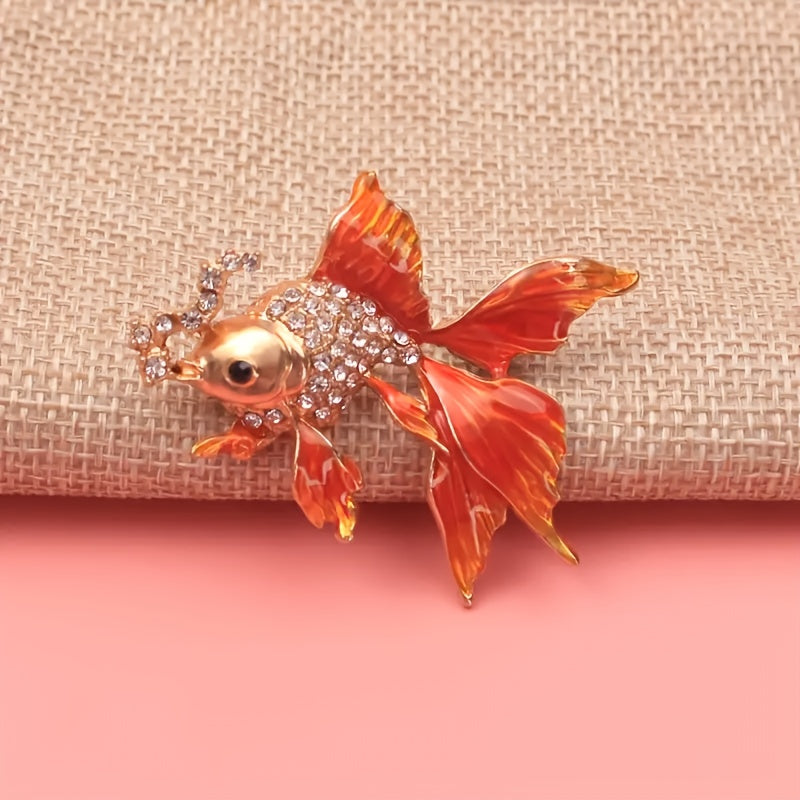 TEMU Elegant Vintage-inspired Goldfish Brooch With Rhinestones & Bubble Detail - Alloy, Animal Theme, Ideal For Daily Wear Or Gifting, Everyday