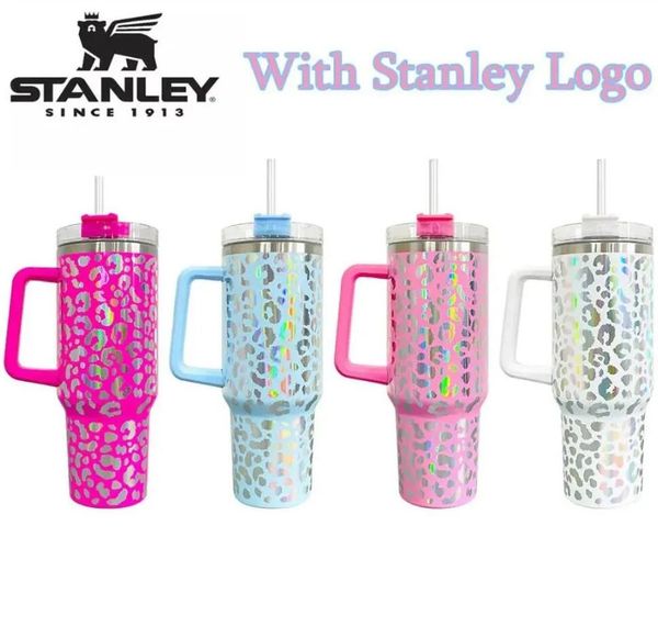 40oz Stanley Holographic Leopard Tumbler Cups With Handle Lid Straws Big Capacity Beer Car Mugs Stainless Steel Drinking Water Bottles With