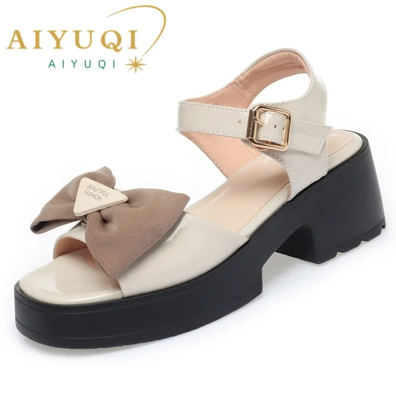 AIYUQI Girls Sandals Summer Hollow Women&#039;s Sandals Mid Heel Fashion Bow Sandals Ladies