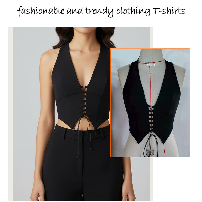 Women&#039;s Tanks Women&#039;s Black Deep V Neck Lace - Up Corset Crop Top, Sleeveless Trendy Party Clubwear