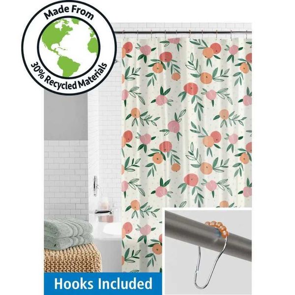 Waterproof Peaches 30% Recycled PEVA Shower Curtain Set Hooks 13-Piece Orange Yellow Easy care Just wipe clean with damp cloth Y240815