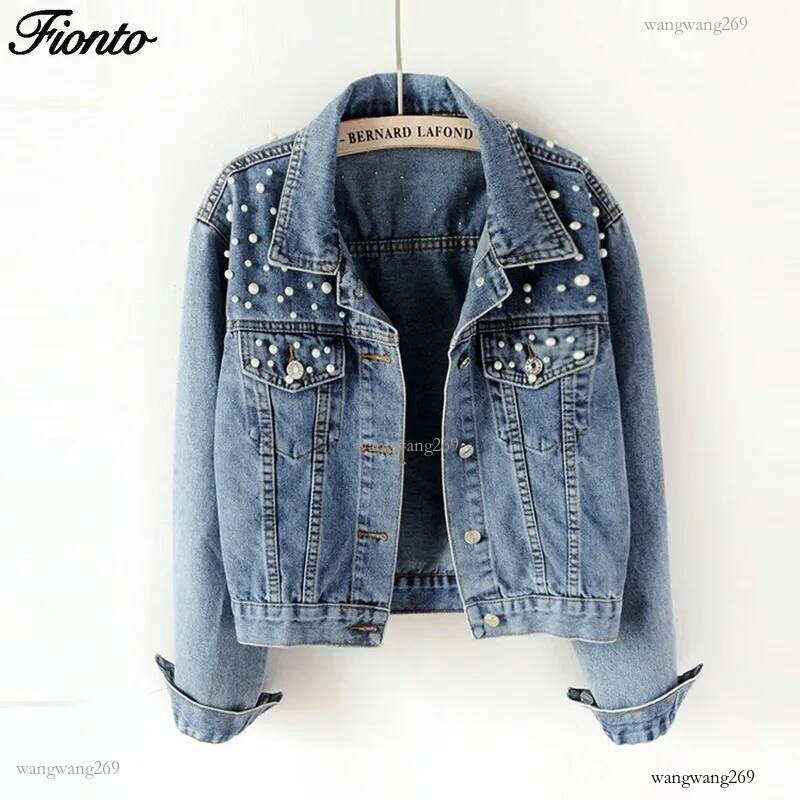Stylish Denim Jacket with Pearl Accents - White Wash, Long Sleeve, Casual Outerwear, Perfect as a Feminine Jean Jacket