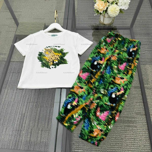 New baby tracksuits Summer kids designer clothes Size 100-160 CM Money Leopard Pattern Printed T-shirt and Green Pants