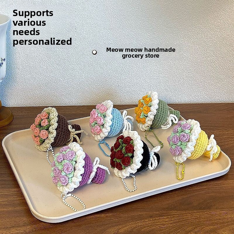 DIY Creative Yarn Knitting Mini Handheld Flower Small Bouquet Keychain Bag Pendant Best Friend Gift Finished Product