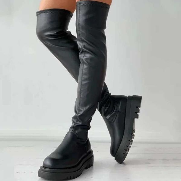 Platform style super knee boots Wens weight loss high elasticity boots knight boots wedge high heels Y241107
