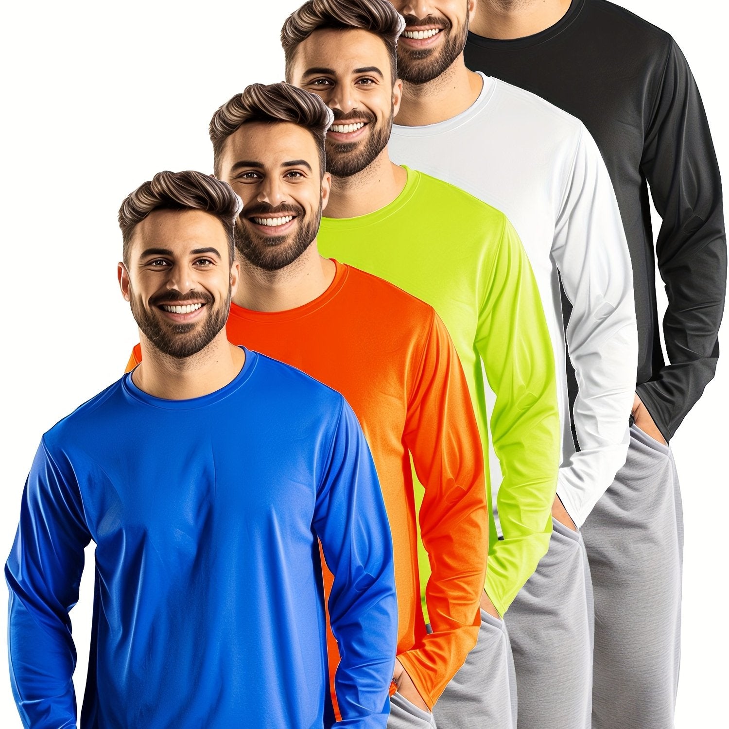 TEMU 5pcs Men's Quick-dry Long Sleeve Athletic Shirts - Ice-finish Breathable Fabric, Non-sticky Workout Tops For Gym, Running, Badminton & Outdoor