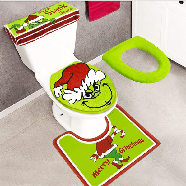 Christmas Decorations Xmas Bathroom Sets Grinch Green Monster Toilet Seat Cover and Rug for Indoor Home Bathroom Sets of 4 pcs