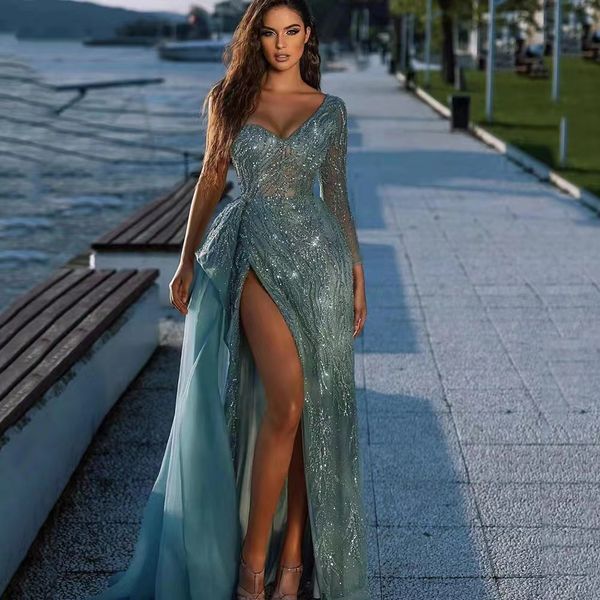 2023 sequined Mermaid Prom Dresses robes de soiree one shoulder sleeve High Split Lace Beaded Evening Gowns Overskirt Sweep Train Tulle Part