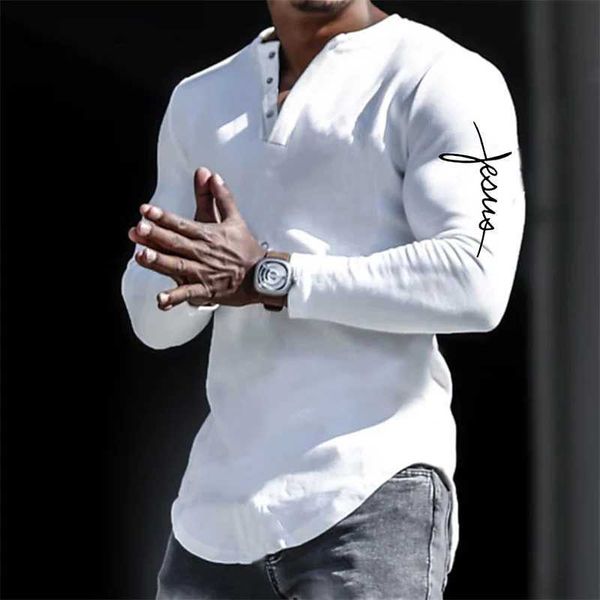 Spring Henley Shirts Jesus Cristo Cruz 3D Print Streetwear Mens Vintage Button-Down de manga longa camiseta Man Tees Tops Clothingxj241210