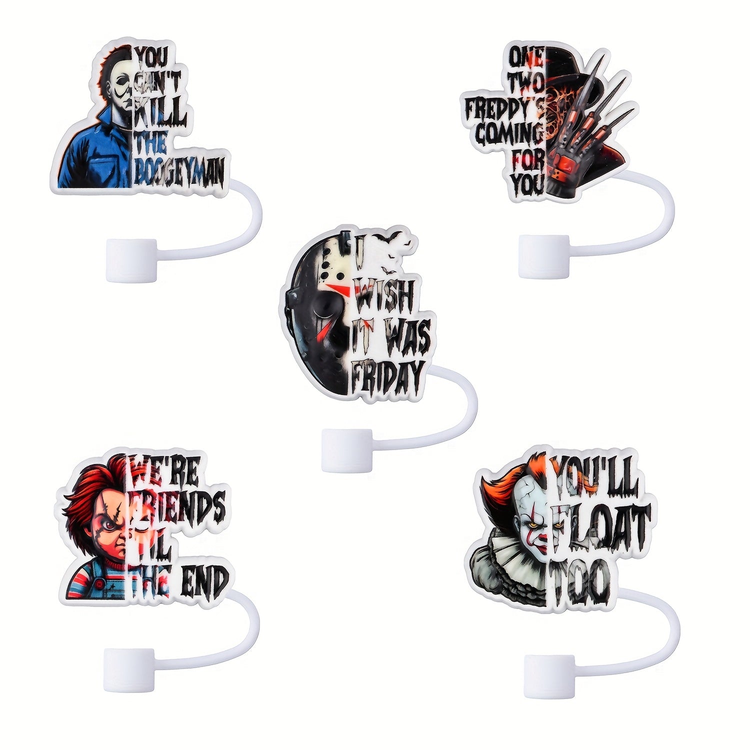 TEMU 5pcs Horror Straw Toppers Movie Character Silicone Straw Covers For Drinking Cup Accessories 10mm 0.4in Straw Decoration Reusable