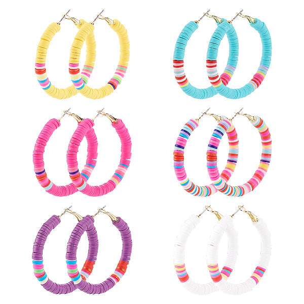 6 Pairs 6 Colors Polymer Clay Heishi Surfer Beaded Hoop Earrings