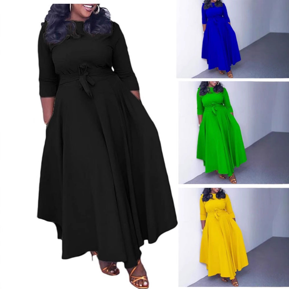 B153 Spring women&#039;s new fashion temperament tie waist large size swing African long skirt dress