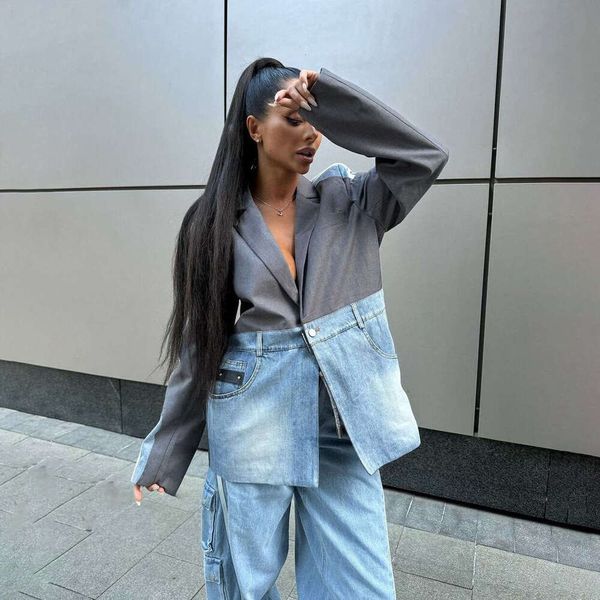 Suit collar denim patchwork contrasting color for autumn winter women, fashionable and high-end suit jacket