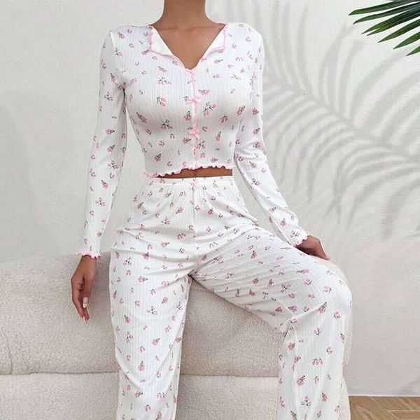 Women Ral Print Pama Sets Long Sleeve Shirts+Pants Female Casual Home Clothes Spring Autumn Sleepwear Bow Nightwear Suits