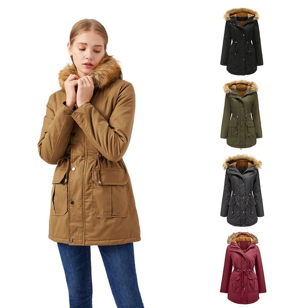 0C4111M2 SBD-B Women&#039;s Trench Coats European and American Style Hooded Multi size winter warm jacket with plush collar