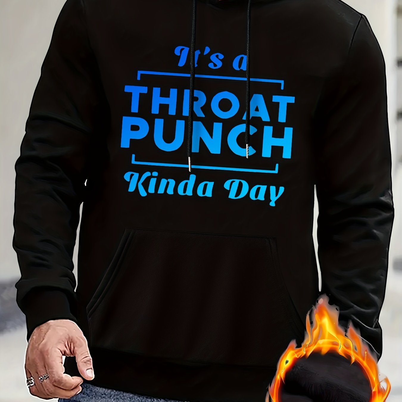 TEMU Kourrter Men's Funny Slogan Hooded Sweatshirt - " A Throat Punch Day" Text Print, Navy Blue With Pocket, Casual Pullover For Casual Attire,