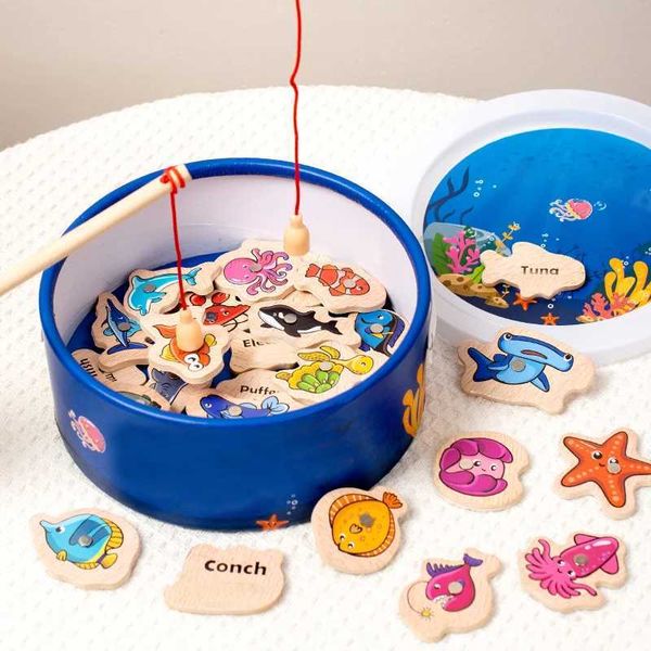 Montessori Wooden Magnetic Fishing Toys for Baby Cartoon Marine Life Cognition Fish Games Education Parent-Child InteractiveC241025
