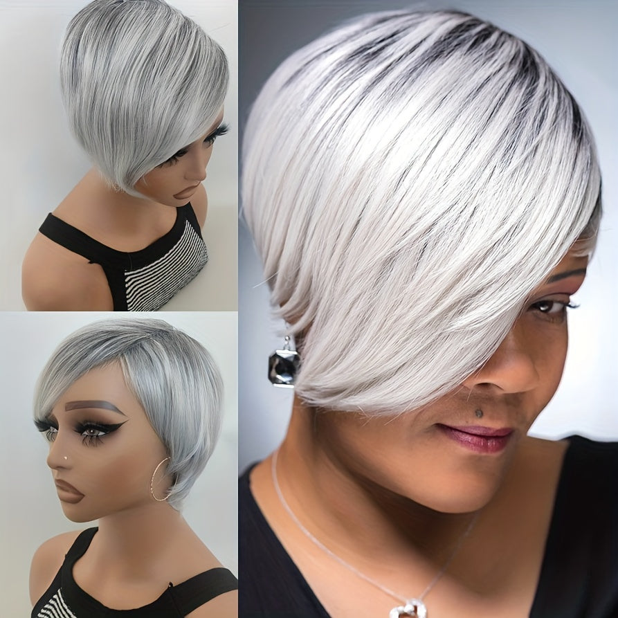 TEMU Silvery Gray And Black Short Shag Layered Wig With Short Synthetic Wig For Daily Party Cosplay Wig 6 Inch