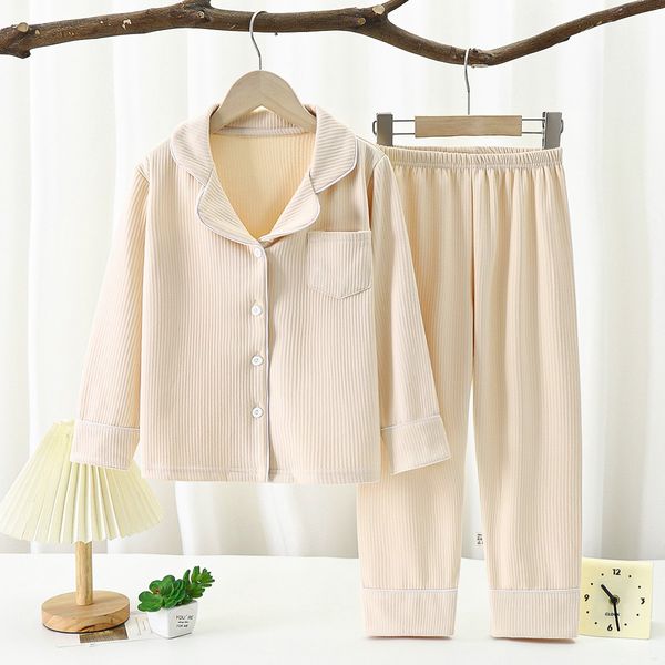 125 Girls Lapel Home Clothes Solid Color Casual Pajamas Children&#039;s Pajamas Boys and Girls Baby Autumn and Winter Long Sleeve Two-piece