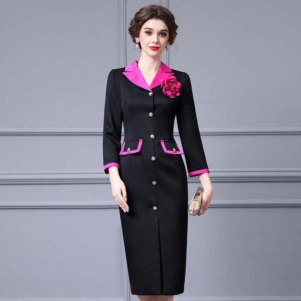 Commuting Style Split Hip Bag Skirt Slimming and Slimming Contrasting Color Splicing Suit Collar Dress for Autumn 2024 Waist SKINNY DRESS De